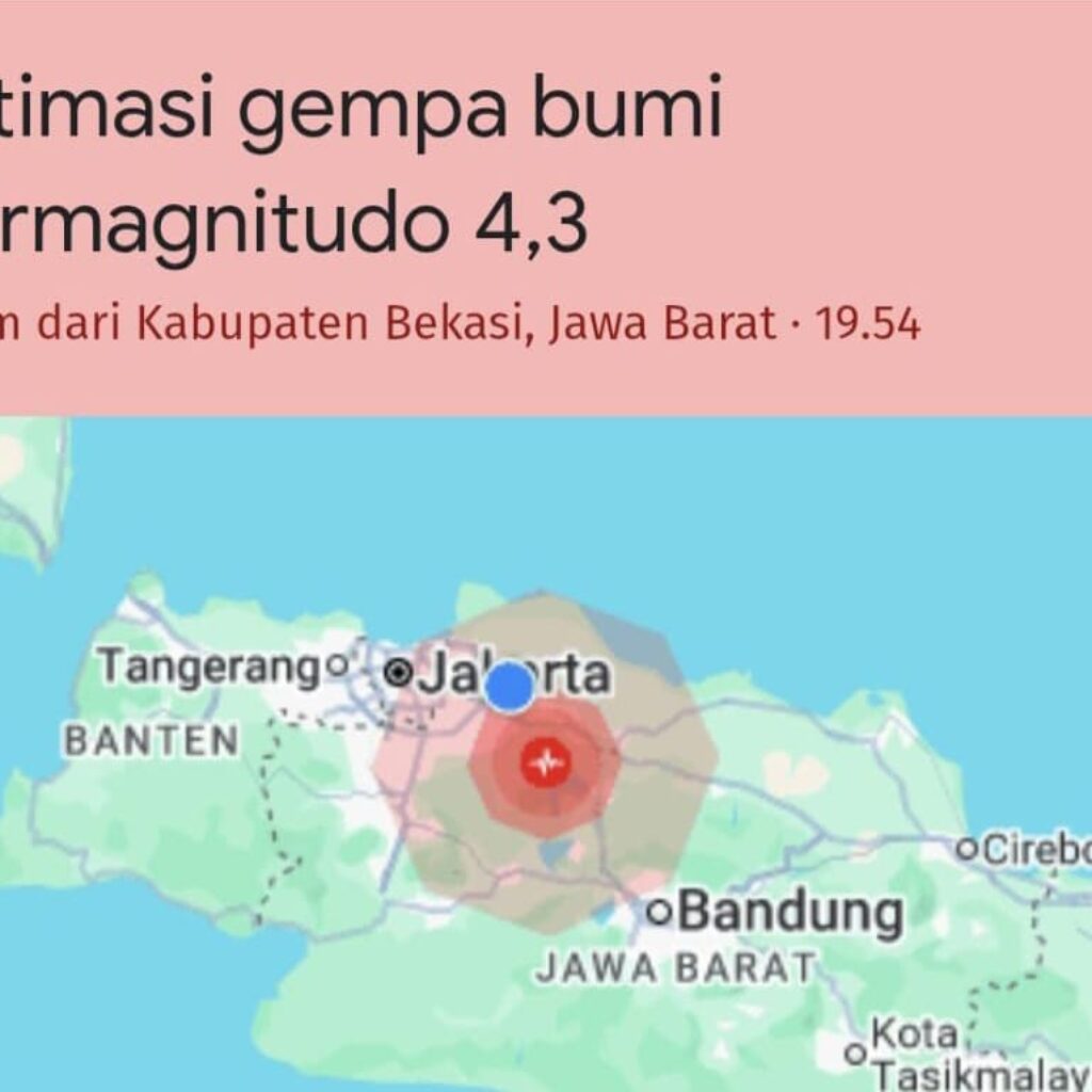 Pusat Gempa Bekasi Magnitudo 4,9 Berada di Darat Kedalaman 10 Km