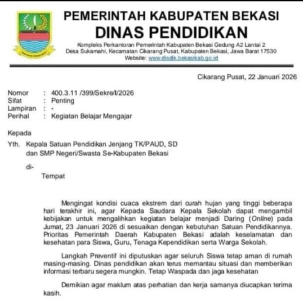 Disdik Kabupaten Bekasi Terapkan PJJ Guna Hindari Dampak Banjir
